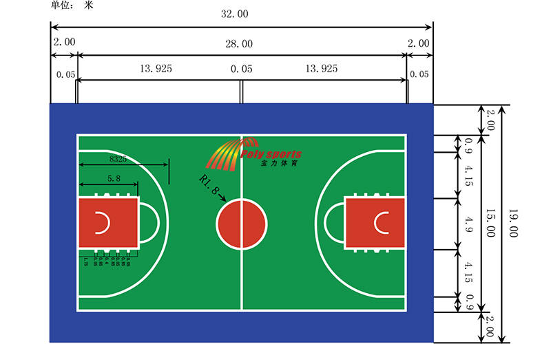 
国际篮联规格的球场长28米宽15米限制区半径1.25米