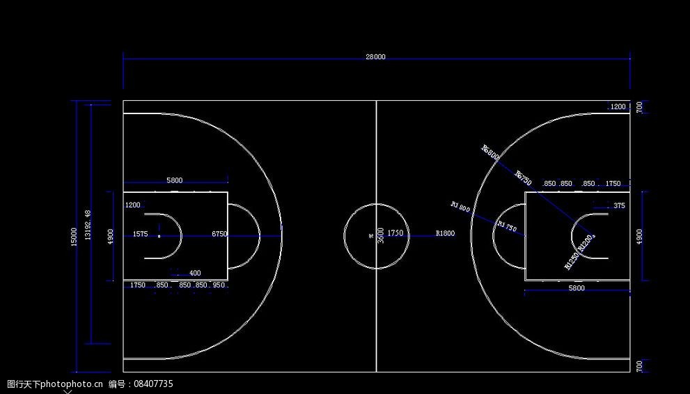 半场篮球场设计问：最好的平面图尺寸(标准画法)是多大？